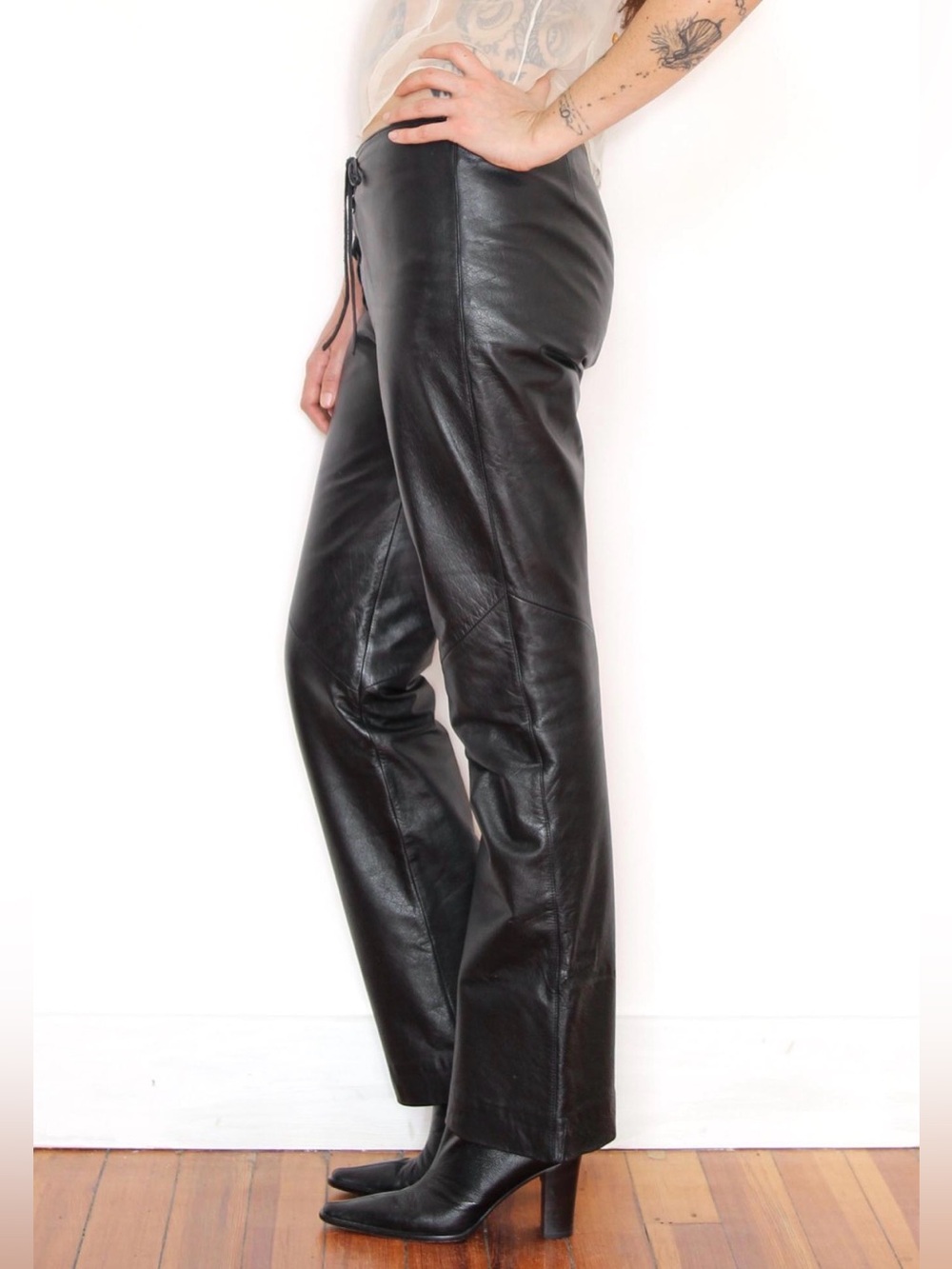 Vintage Y2K Ralph Lauren Black Leather Pants Flare Lace Up Corset Mid Rise 6 32” - Picture 6 of 13